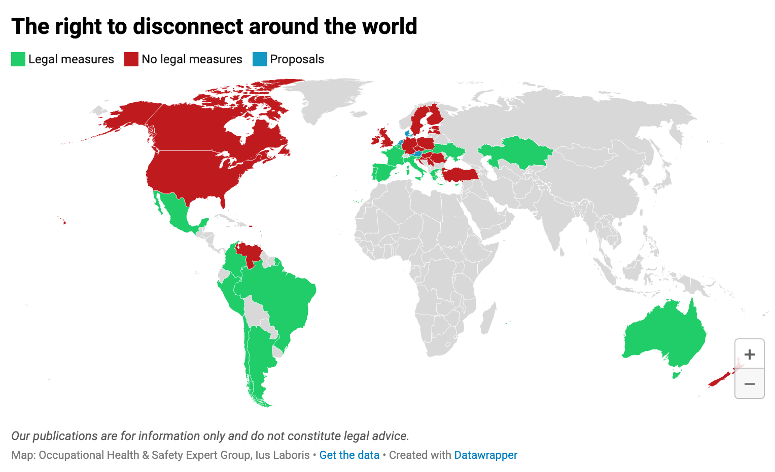 Carte du droit à la déconnexion (octobre 2025) dans le monde repertorié par https://iuslaboris.com